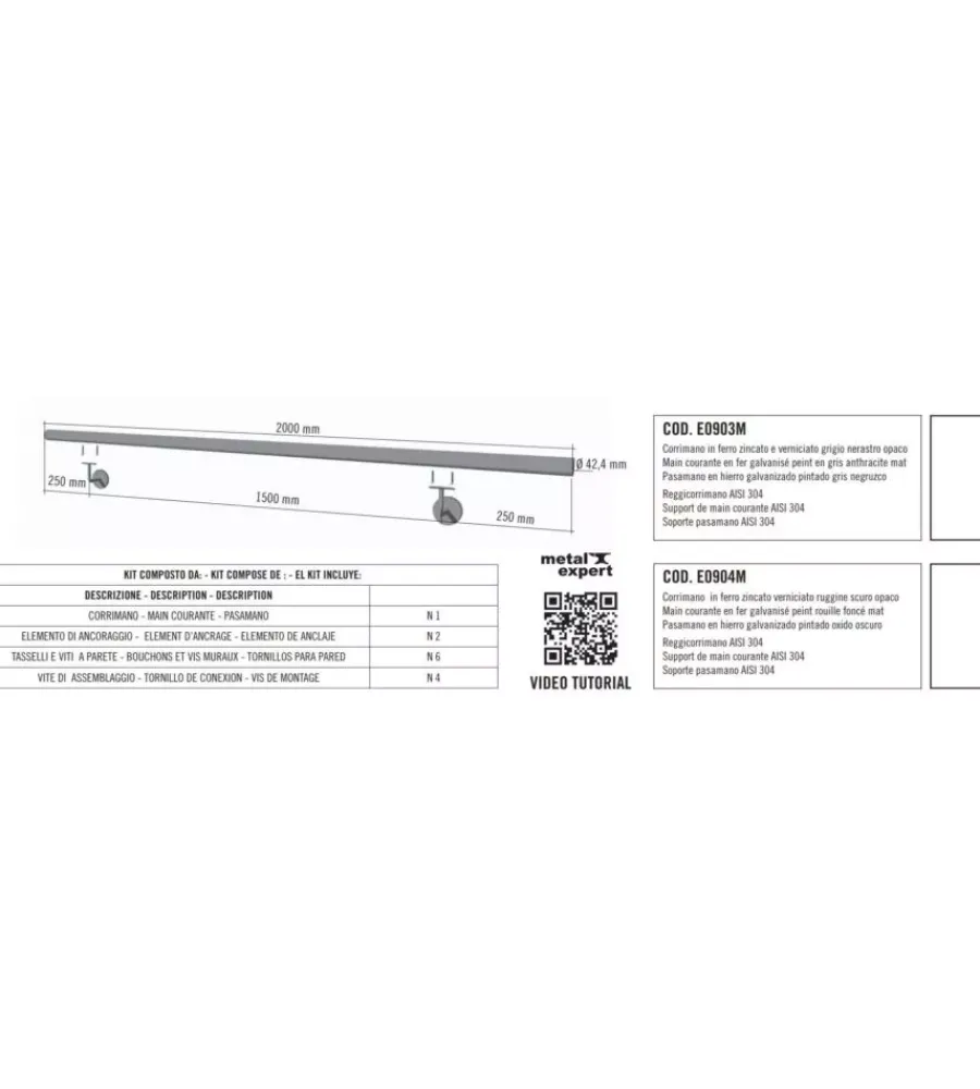 Sale Corrimano tondo in ferro zincato ruggine da 2 metri - kit completo con ancoraggio Porte, Scale E Pavimenti