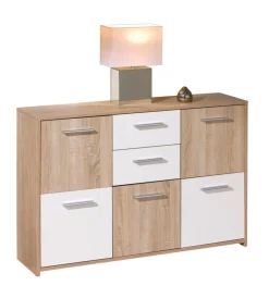 Credenze E Buffet- Credenza buffet 2 cassetti e 5 ante rovere e bianco, 115x30x77 cm