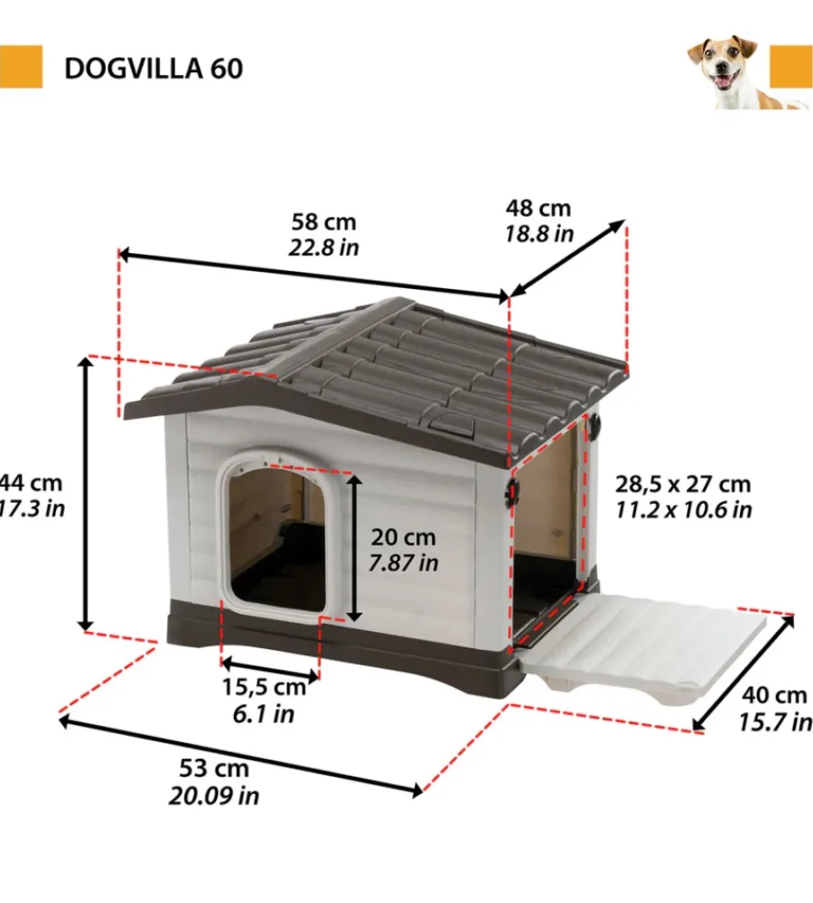Ferplast Cucce E Accessori Relativi|Cuccia per cani da esterno "dogvilla 60" con parete ribaltabile in resina grigio 58x48x44 cm