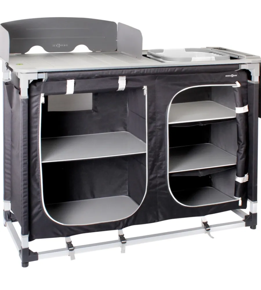 Best Cucina da campeggio pieghevole con lavello removibile "azabache ctw square"in alluminio e poliestere nero 2 scomparti 110x48x90/118 cm Campeggio