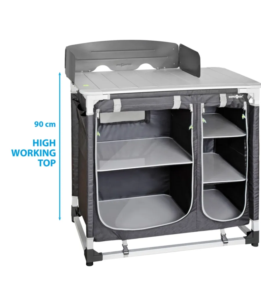 Brunner Campeggio|Cucina da campeggio pieghevole "azabache ct square" in alluminio e poliestere nero 2 scomparti 85x52x90 cm