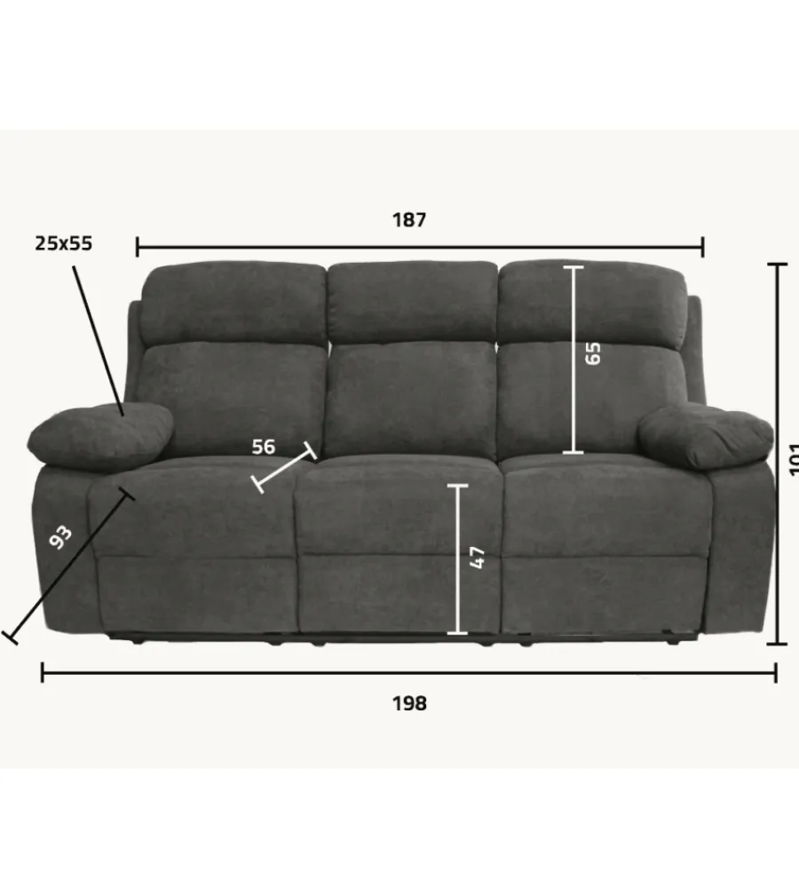 Best Divano 3 posti "annika" con recliner manuale in tessuto blu, 198x93x101 cm Divani