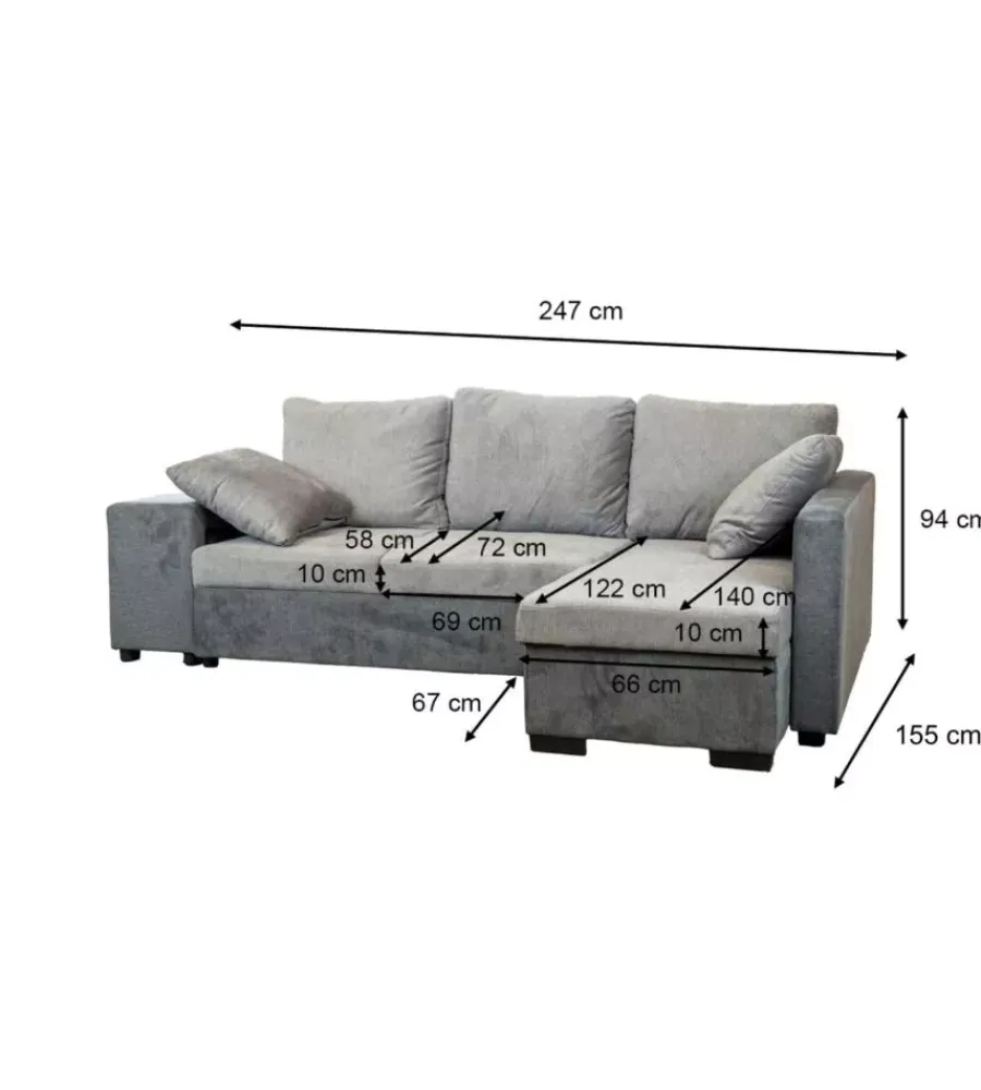 BellaHome Divani|Divano angolare "jessy" con contenitore pouf e penisola destra 247x155x94 cm