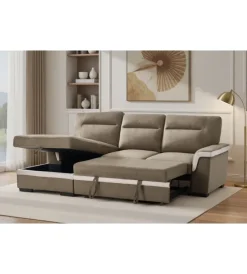 BellaHome Divani|Divano letto angolare "erika" in tessuto marrone con penisola a destra 254x92/165x102 cm