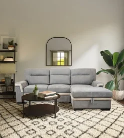 Divani-BellaHome Divano letto angolare "erika" in tessuto grigio con penisola a destra, 254x92/165x102 cm
