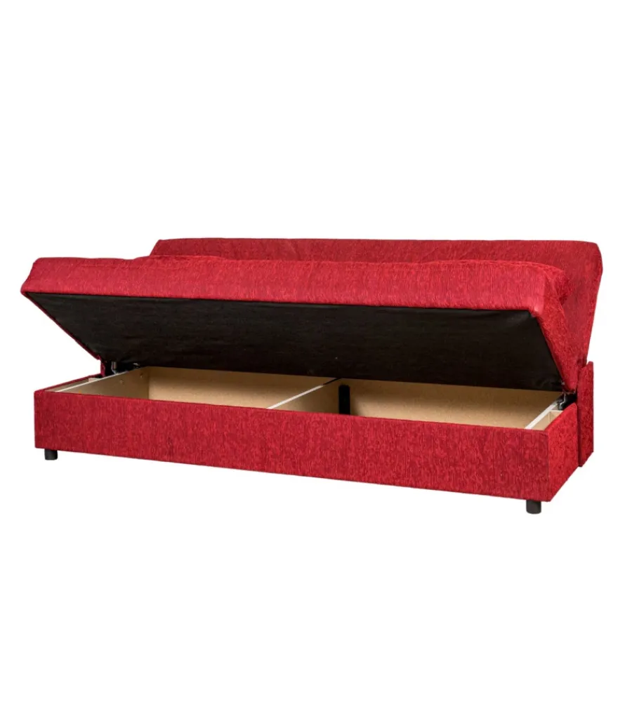 Divani-BellaHome Divano letto "fiji" 3 posti in tessuto rosso con cassettone contenitore, 183x81x89 cm