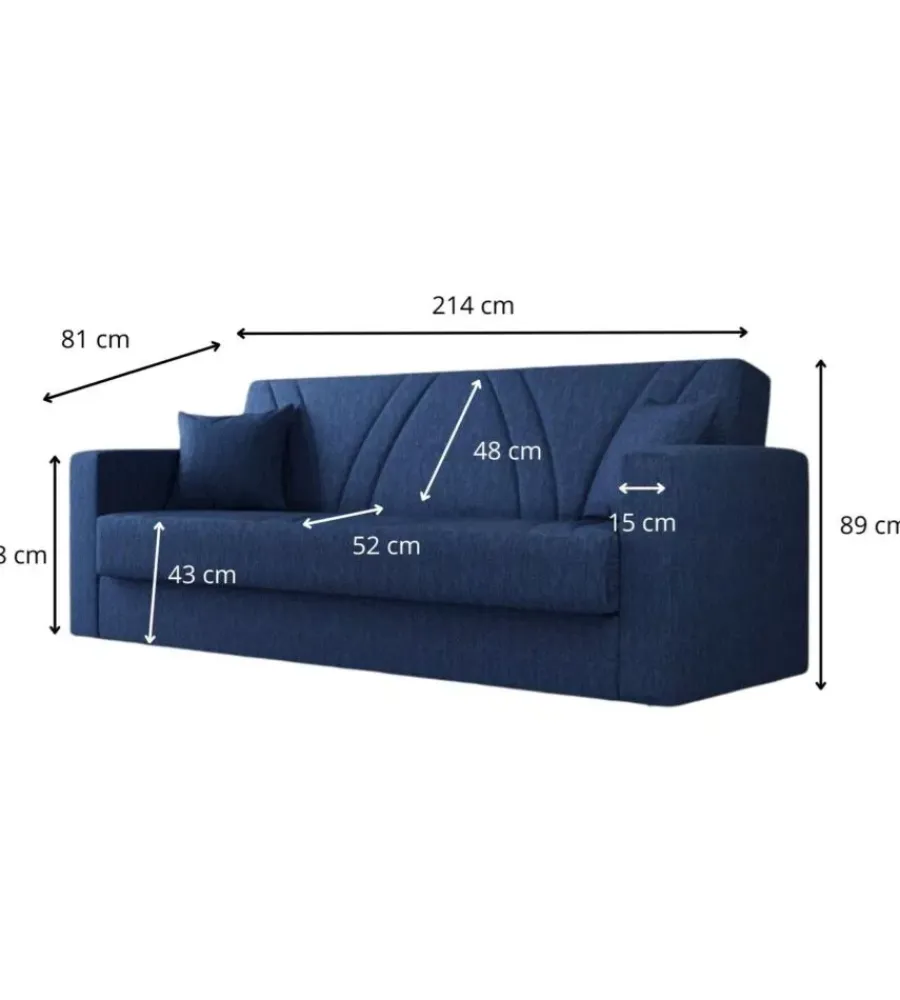 Divani-BellaHome Divano letto "ibiza" 3 posti tessuto blue jeans, 214x81x89 cm