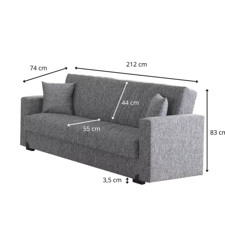 Outlet Divano letto "mali" 3 posti in tessuto grigio con cassettone, 212x74x83 cm Divani