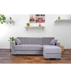 BellaHome Divani|Divano letto "merlin" in tessuto grigio con cassettone e penisola reversibile, 225x150x81 cm