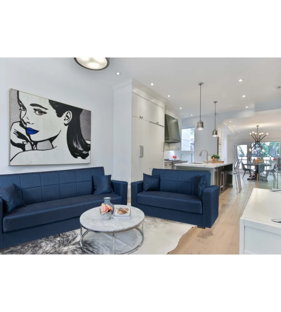Divani-BellaHome Divano letto "nora" 2 posti in tessuto blu, 155x80x87 cm