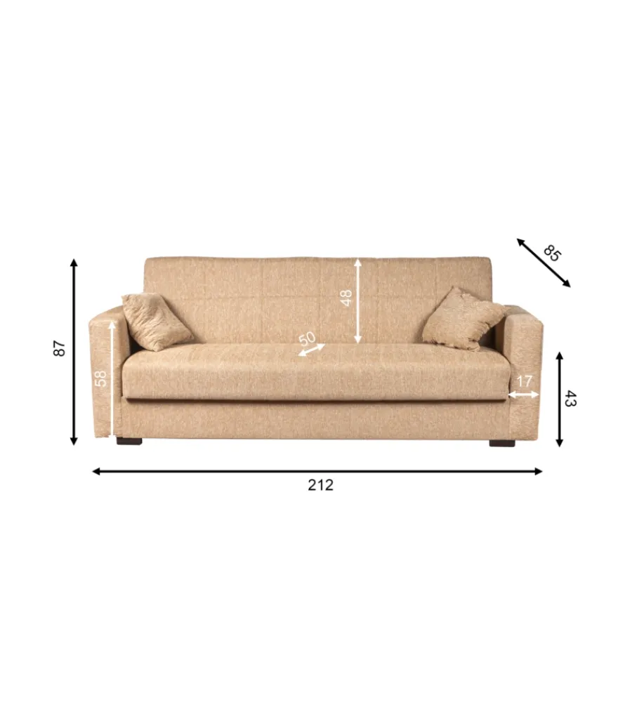 BellaHome Divani|Divano letto "nora" 3 posti tessuto beige, 212x80x87 cm