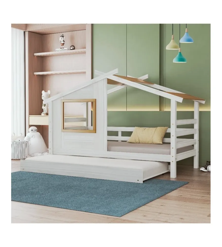 New Doppio letto singolo per ragazzi "nantes" in pino massello a casetta 222x97,6x143 cm Letti E Comodini