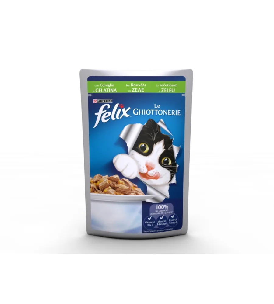 Alimenti Umido Gatto-Purina Felix le ghiottonerie, alimento umido per gatto con coniglio in gelatina.