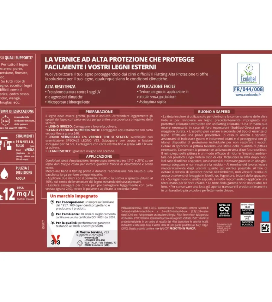 V33 Flatting E Vernici Legno|Flatting ad alta protezione incolore, 2,5 lt