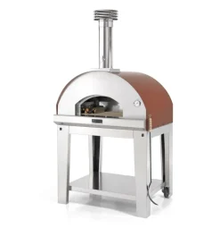 Fontana Forni Forni Pizza|Forno pizza a legna con carrello fontana "mangiafuoco" colore rosso 4 pizze