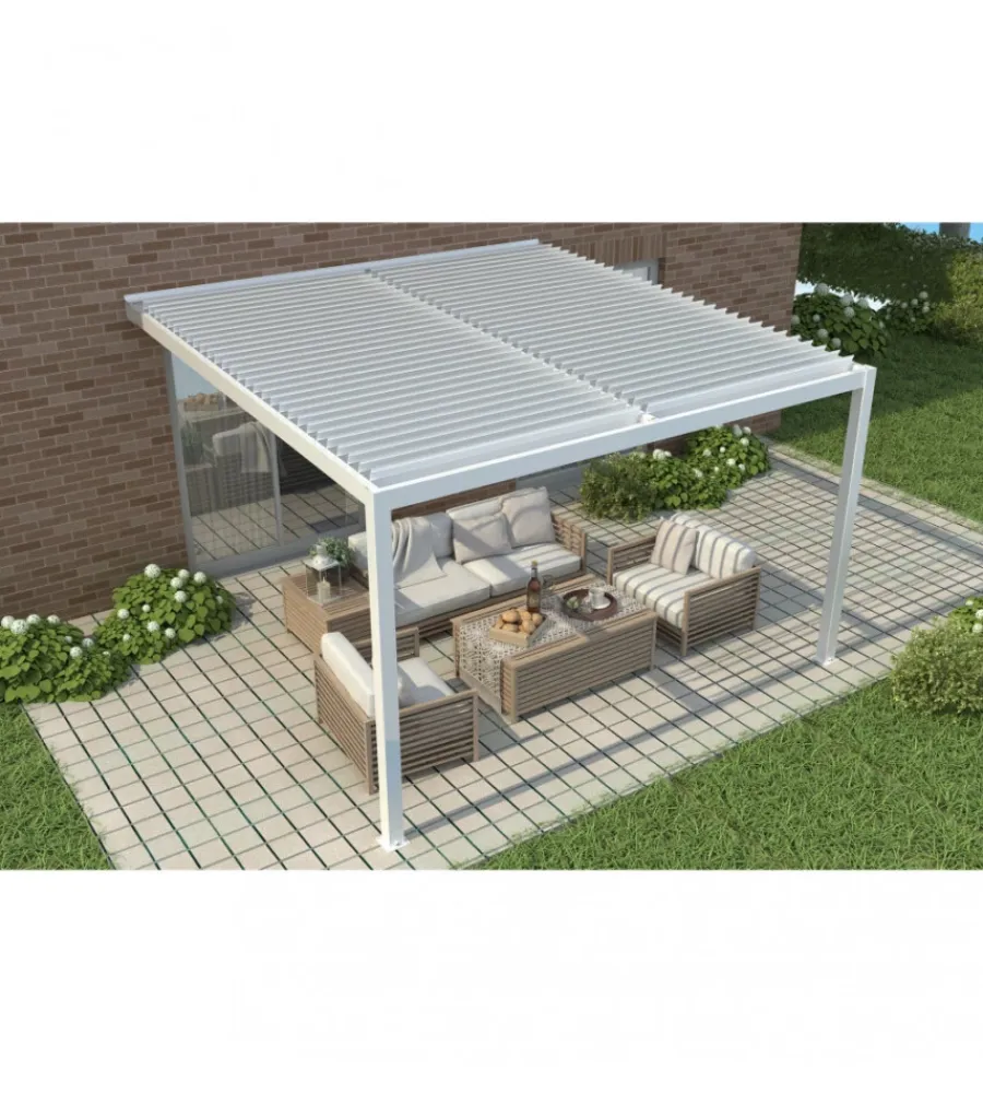 Coperture Per Esterno E Accessori- Gazebo pergola bioclimatica da esterno addossata elica garden bianco in alluminio - 4x4 m