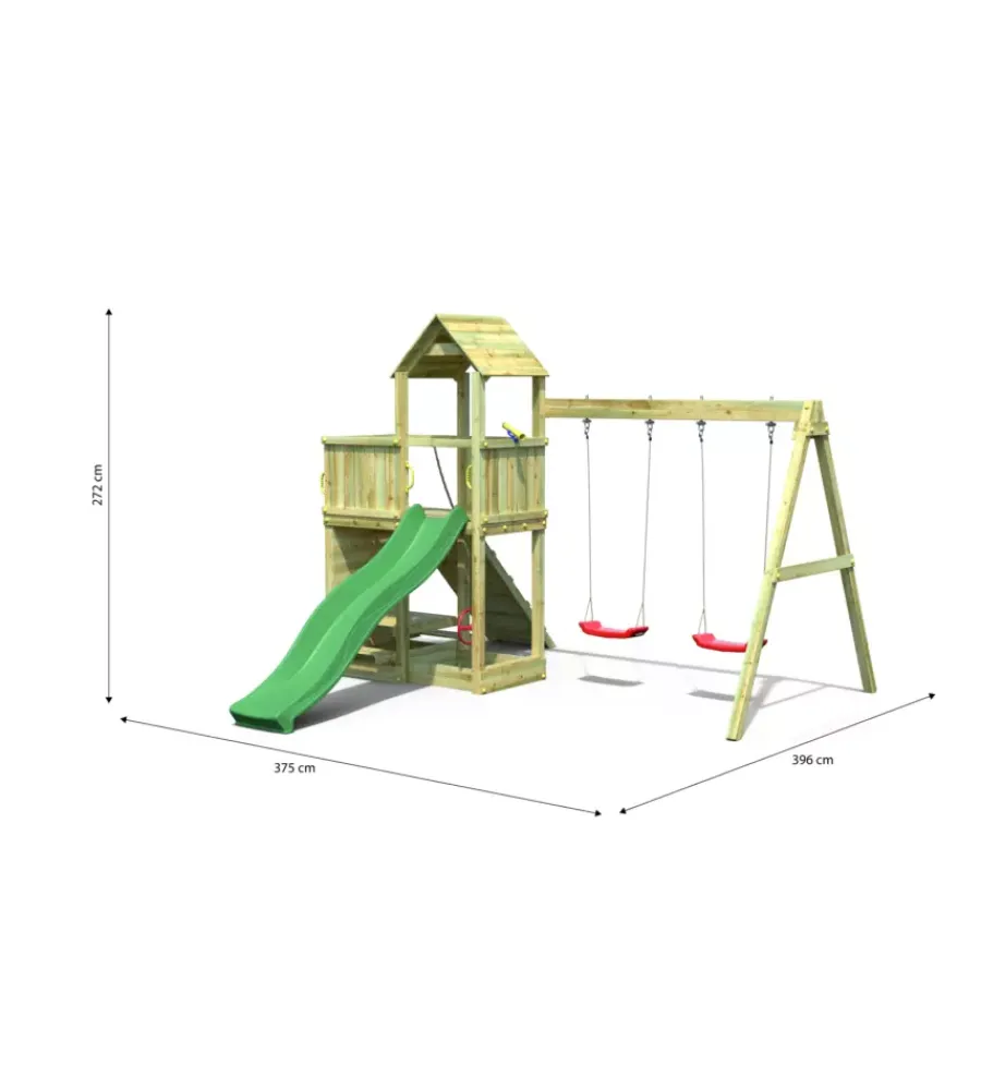 Fungoo Giochi E Casette Bimbo|Gioco per bambini da esterno in legno "floppi torretta" con torretta scivolo e altalena doppia, 379x396x277 cm