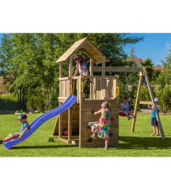 Fungoo Giochi E Casette Bimbo|Gioco per bambini da esterno in legno "carol 3" con torretta, altalena, scivolo, parete da arrrampicata e rampa con corda 310x460x282 cm