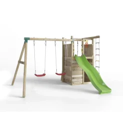 Fungoo Giochi E Casette Bimbo|Gioco per bambini da esterno in legno "houser" con torretta, 2 altalene, corda da arrampicata e scala in corda 343x363x220 cm
