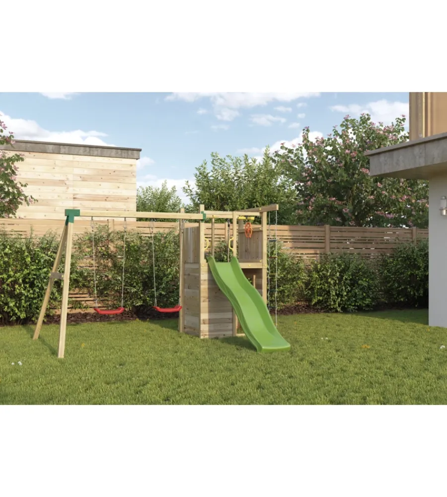 Fungoo Giochi E Casette Bimbo|Gioco per bambini da esterno in legno "houser" con torretta, 2 altalene, corda da arrampicata e scala in corda 343x363x220 cm
