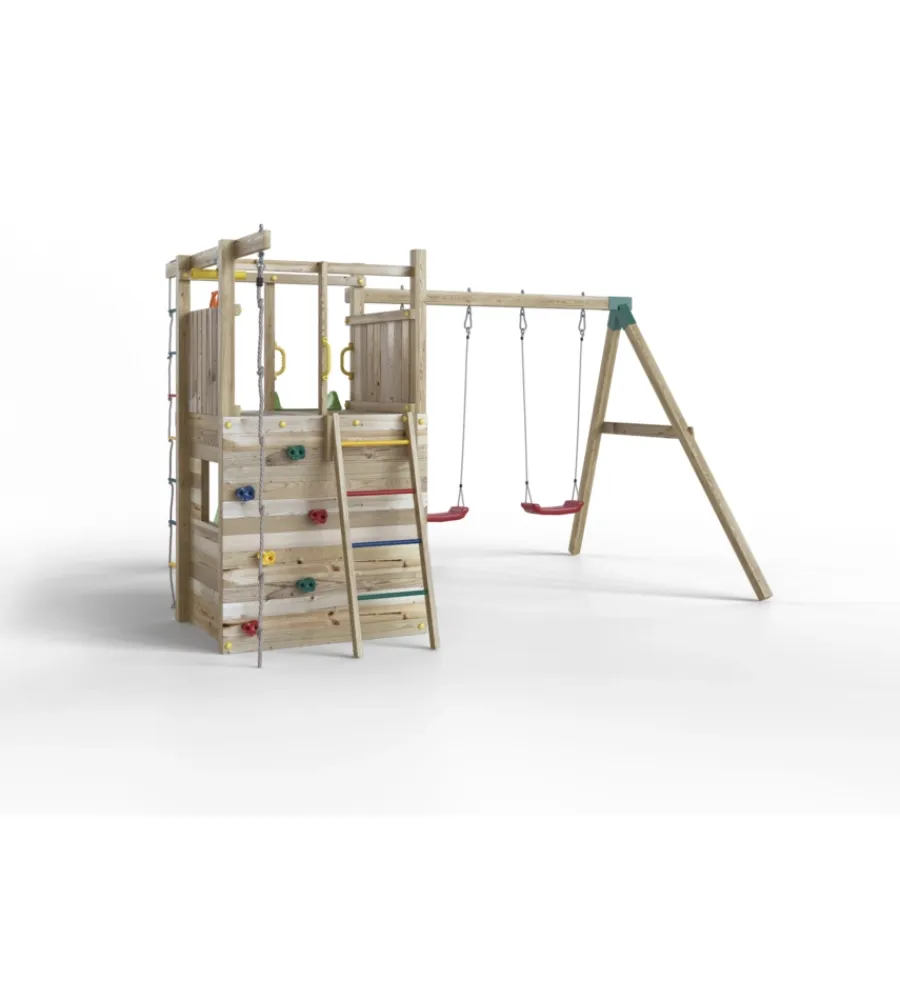 Fungoo Giochi E Casette Bimbo|Gioco per bambini da esterno in legno "houser" con torretta, 2 altalene, corda da arrampicata e scala in corda 343x363x220 cm