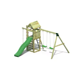 Fungoo Giochi E Casette Bimbo|Gioco per bambini da esterno in legno "gaia" con torretta con scivolo, altalena doppia e corde, 382x381x252 cm