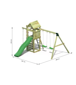 Fungoo Giochi E Casette Bimbo|Gioco per bambini da esterno in legno "gaia" con torretta con scivolo, altalena doppia e corde, 382x381x252 cm