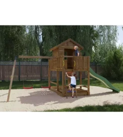 Giochi E Casette Bimbo-Fungoo Gioco per bambini da esterno in legno "mars" con casetta con finestra, altalena e scivolo, 558x301x280 cm