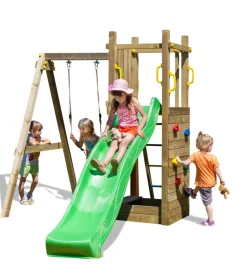 Giochi E Casette Bimbo-Fungoo Gioco per bambini da esterno in legno "funny 3" con torretta, altalena, scivolo e parete da arrrampicata 290x200x210 cm