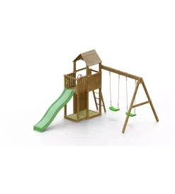 Giochi E Casette Bimbo-Fungoo Gioco per bambini da esterno in legno "boomer 3" con torretta con scivolo e altalena doppia, 431x302x270 cm