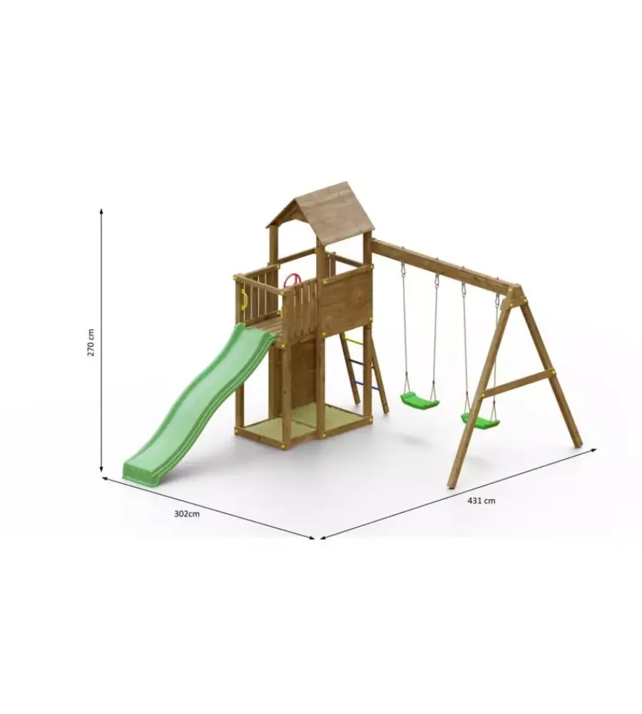 Giochi E Casette Bimbo-Fungoo Gioco per bambini da esterno in legno "boomer 3" con torretta con scivolo e altalena doppia, 431x302x270 cm