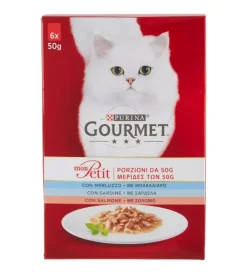 New Gourmet mon petit alimento per gatto umido con merluzzo, sardine e salmone 6x50 gr. Alimenti Umido Gatto