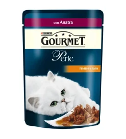 New Gourmet perle - alimento umido per gatto, filettini in salsa con anatra. Alimenti Umido Gatto