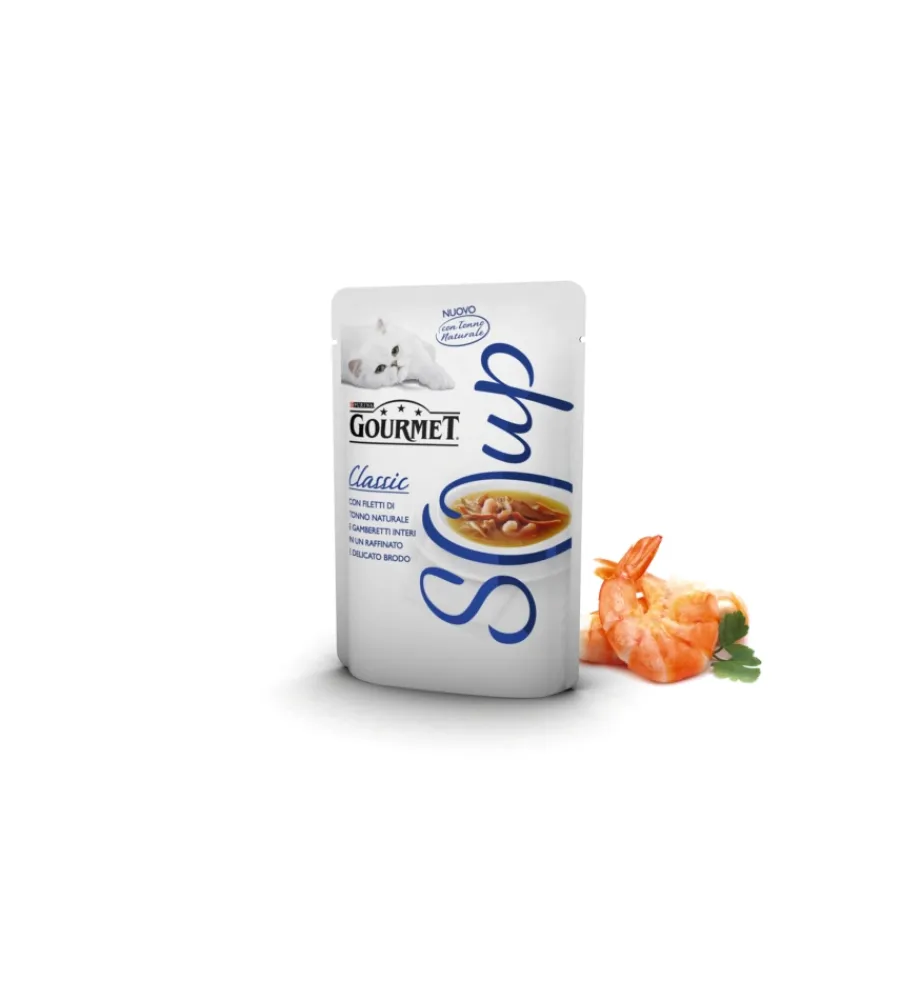 Alimenti Umido Gatto- Gourmet soup con tonno & gamberetti - 40 grammi.