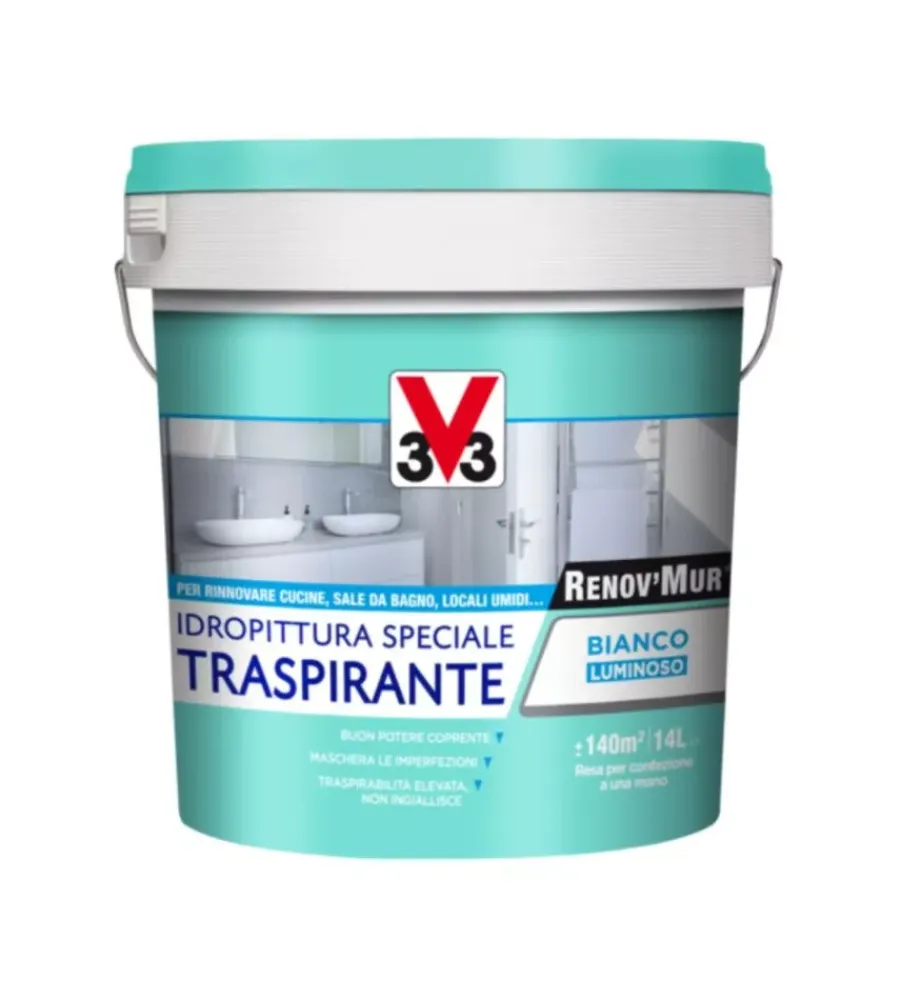 V33 Pitture Murali|Idropittura traspirante "renov'mur" bianco opaco 14 lt