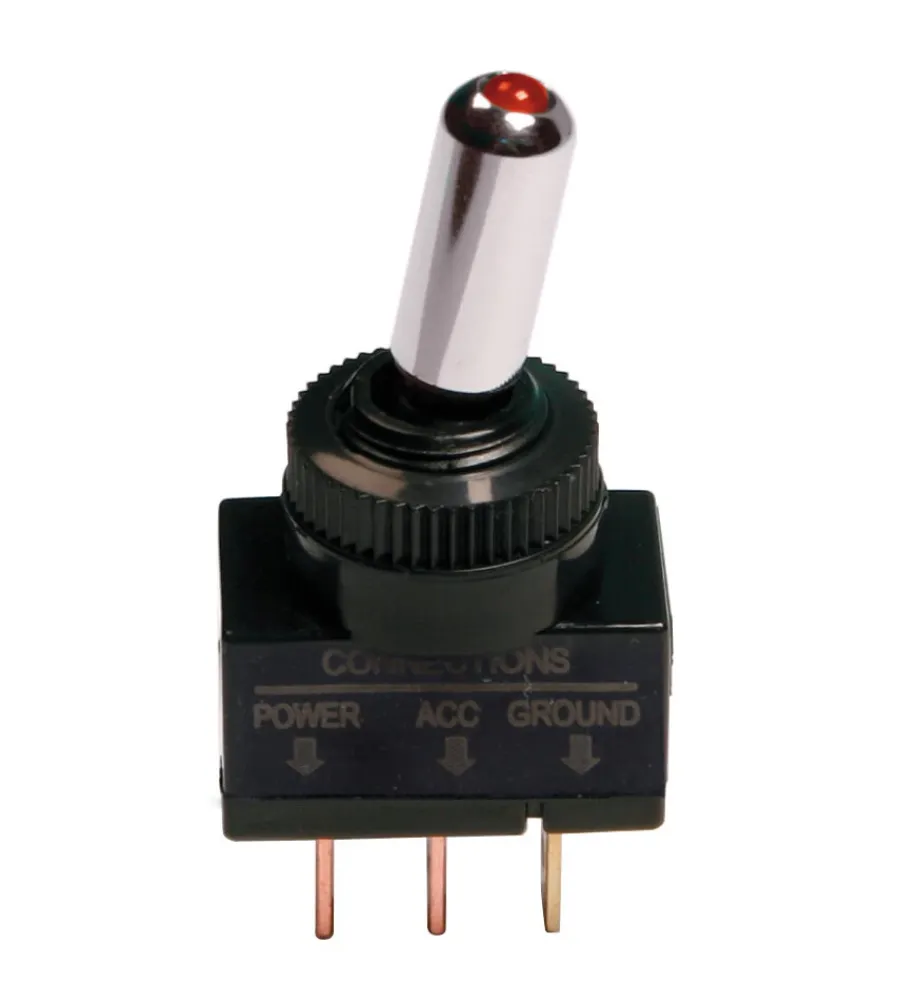 Elettrico|Interruttore a leva tipo racing, in alluminio con spia a led -  12/24v - rosso -  20a  45554