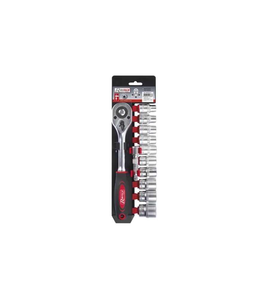 Chiavi-Ribimex Kit 11 pezzi chiave a cricchetto + bussole 1/2 in cromo vanadio -