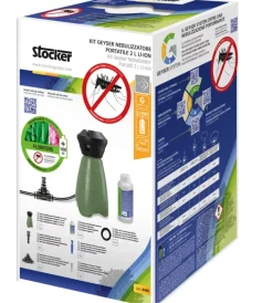 Stocker Attrezzatura Giardinaggio|Kit geyser nebulizzatore antizanzare a batteria 2l 2,5 bar 3,6v 2,5ah con tubo diffusore da 10 m e disabituante florifens 100 ml