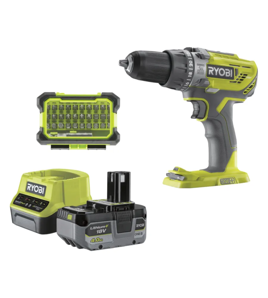 Ryobi Trapani E Avvitatori|Kit trapano a percussione a batteria "r18pd3-140sa" con set punte 18v 4ah e caricabatterie