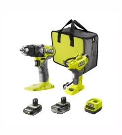 Ryobi Trapani E Avvitatori|Kit trapano a percussione brushless e compressore portatile - con 2 batterie 18v 2ah