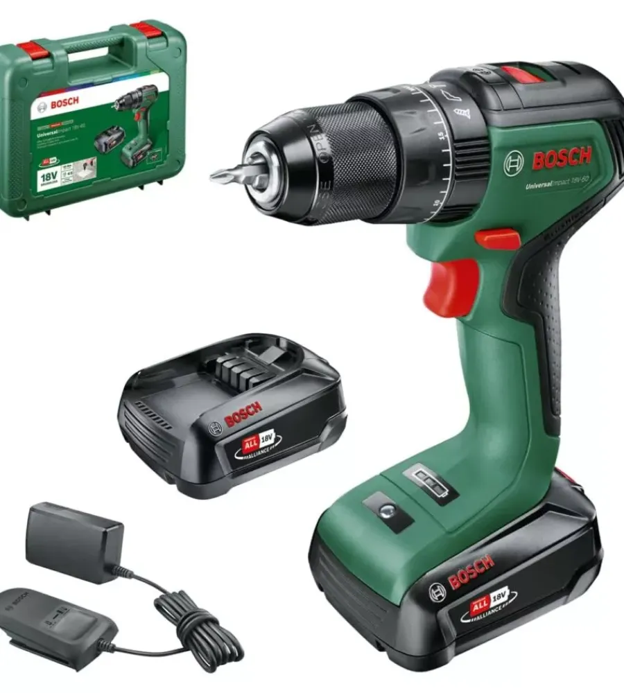Bosch Trapani E Avvitatori|Kit valigetta trapano a percussione a batteria "universal impact" caricabatterie e 2 batterie 18v 2ah