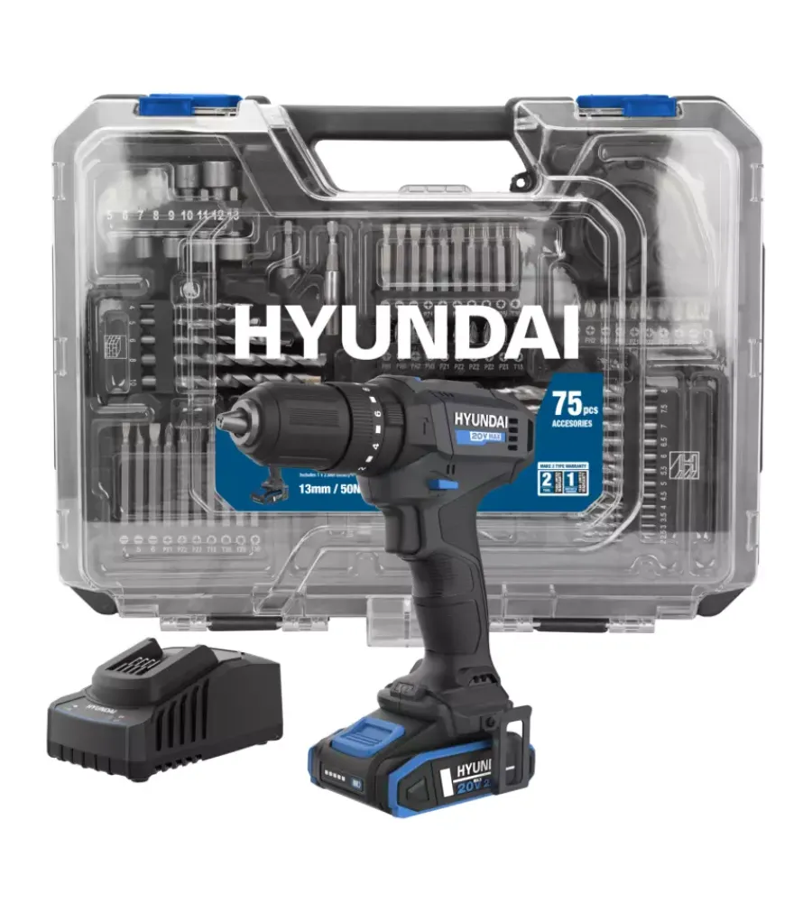 Trapani E Avvitatori-Hyundai Kit valigetta trapano a percussione a batteria 50 nm 20v 2ah, caricabatterie e 75 utensili - cod. 25873