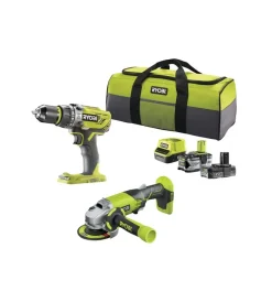Trapani E Avvitatori-Ryobi Kit valigetta trapano avvitatore e smerigliatrice a batteria "r18pd3 + r18ag" 2 batterie 18v 2ah/4ah e caricabatterie