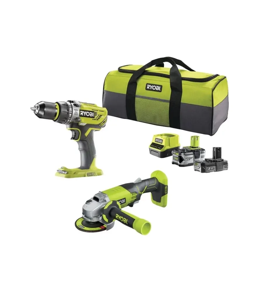Trapani E Avvitatori-Ryobi Kit valigetta trapano avvitatore e smerigliatrice a batteria "r18pd3 + r18ag" 2 batterie 18v 2ah/4ah e caricabatterie