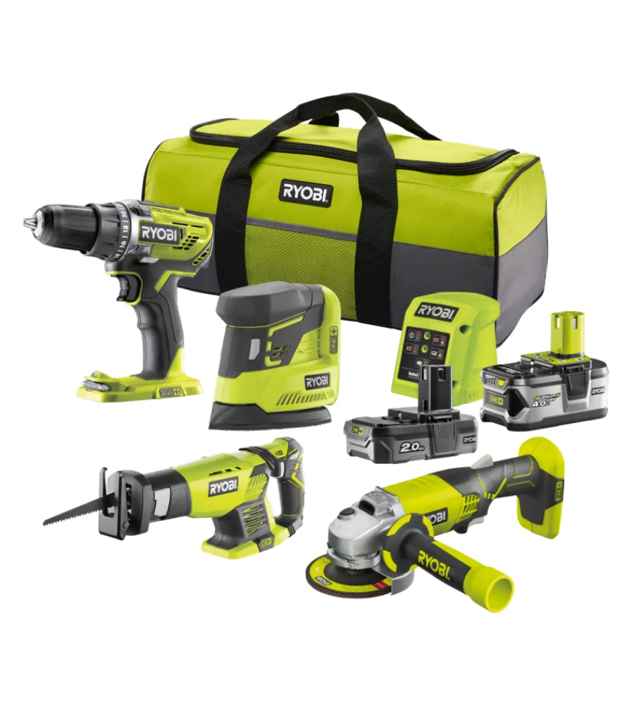 Ryobi Trapani E Avvitatori|Kit valigetta trapano avvitatore, smerigliatrice angolare, levigatrice palmare e seghetto gattuccio a batteria "r18dd3 + r18ag + rps18 + rrs1801" 2 batterie 18v 2ah/4ah