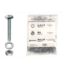 Sistemi Di Fissaggio- Kit viti testa bombata larga ø 6 x 30 + dadi + rondelle - 200 pz.