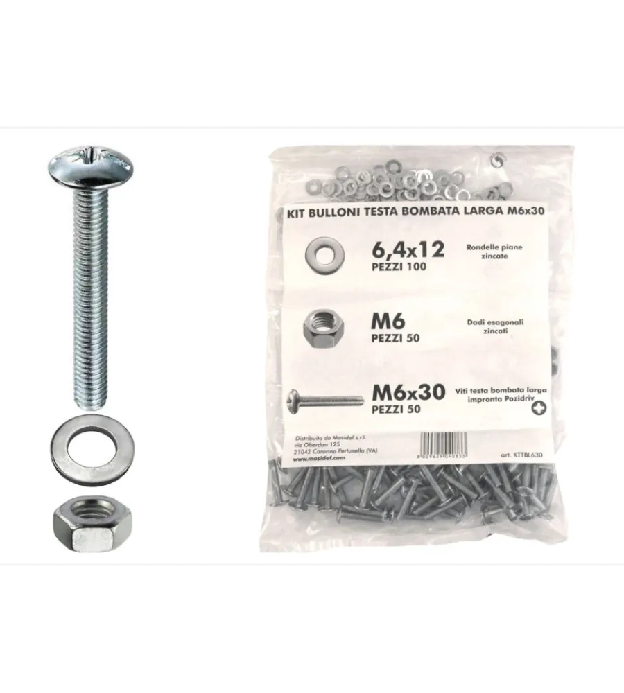 Sistemi Di Fissaggio- Kit viti testa bombata larga ø 6 x 30 + dadi + rondelle - 200 pz.