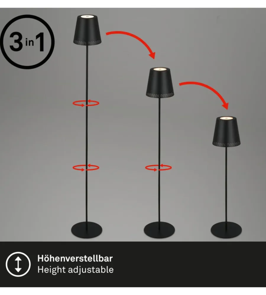 Illuminazione Per Esterno|Lampada da terra led ricaricabile e regolabile in altezza nero, 400lm