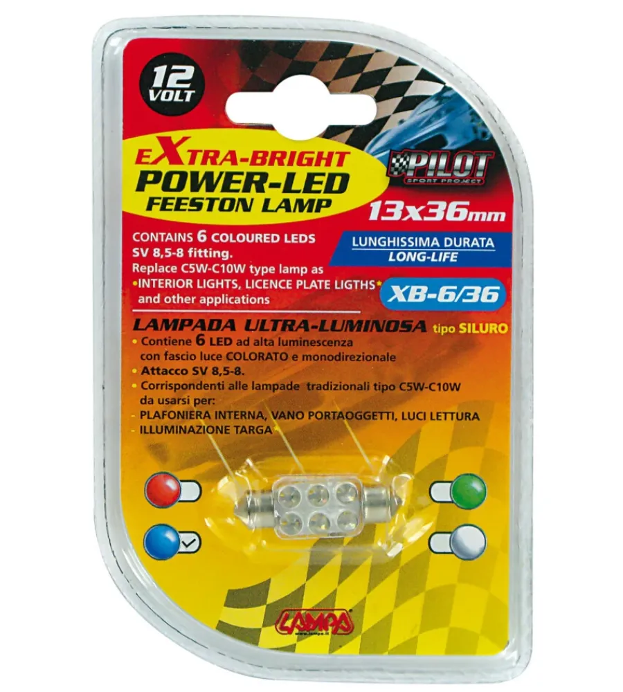 Elettrico- Lampada siluro 6 led 12v - 13x35 mm - sv8,5-8 - 1 pz - d/blister - blu 58427