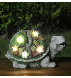 EuroGarden Illuminazione Per Esterno|Lampada solare "tartaruga" con dettagli piante grasse, 30x14,5x17 cm
